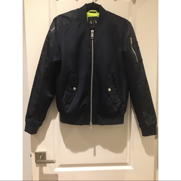 Armani Exchange Men’s Navy Neon Green Lining Neoprene Utility Bomber Jacket - Picture 6 of 15